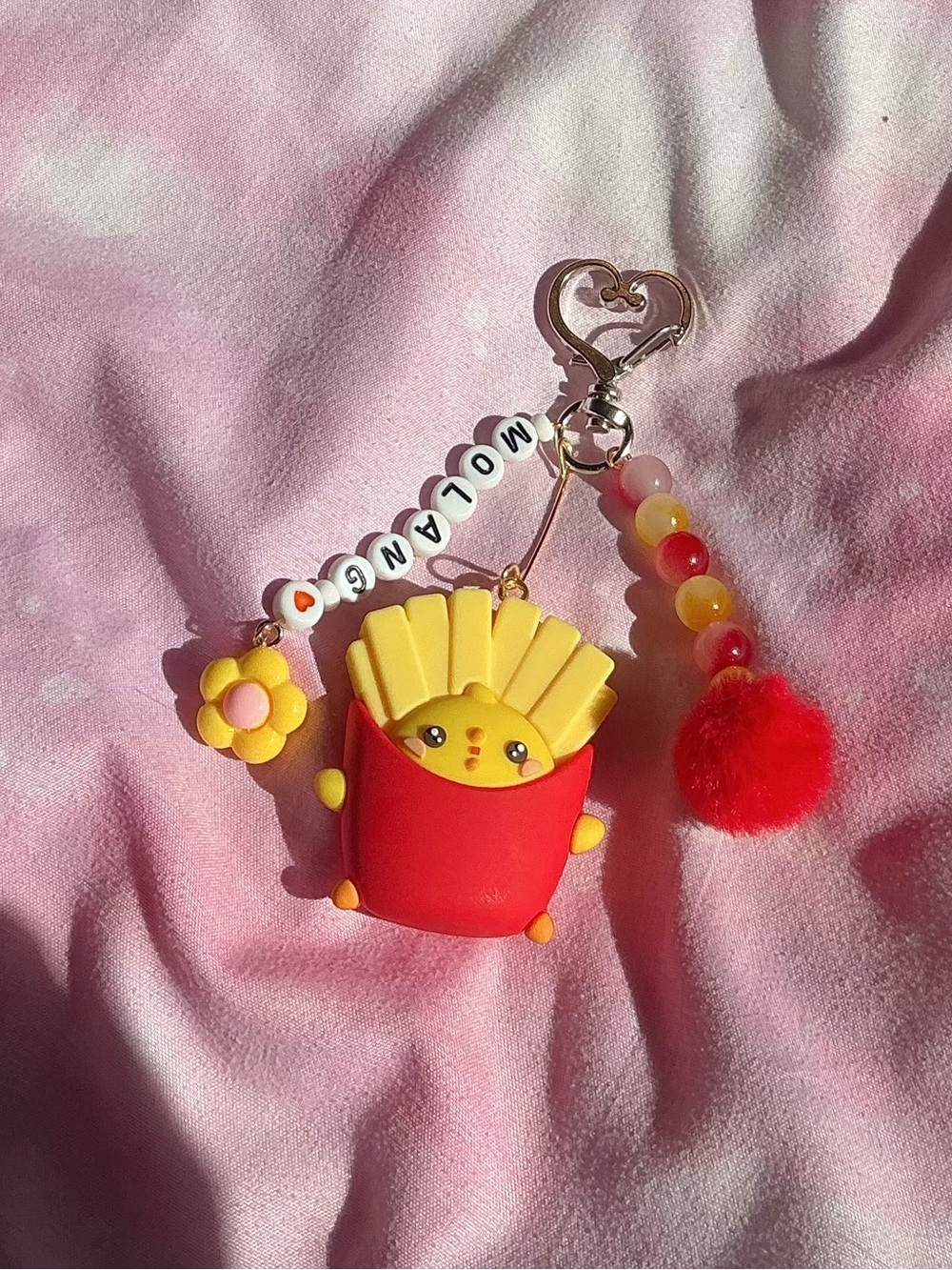 Playful Red & Yellow Fries Keychain Charm with Bead Strap - Kids Accessories